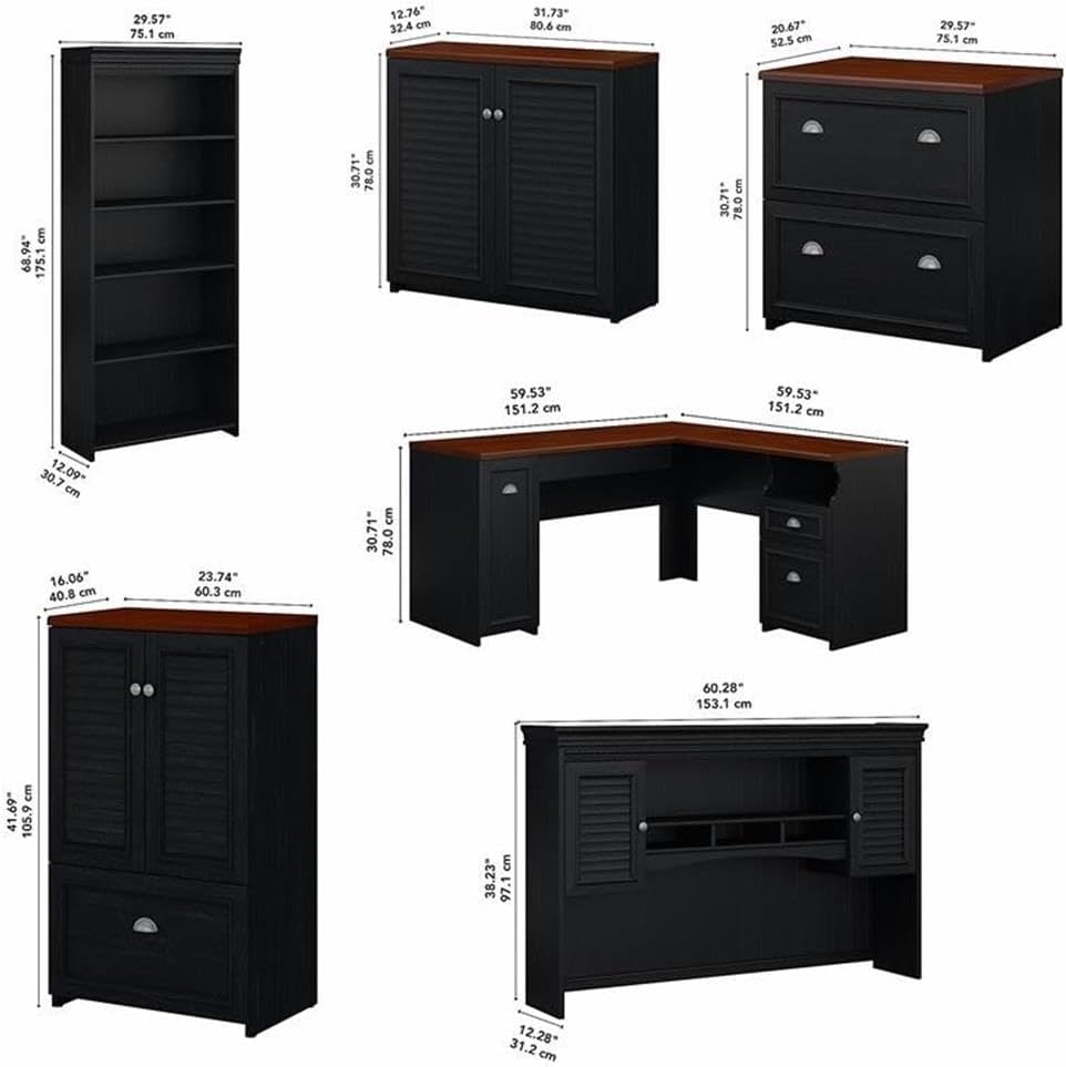 Bush Home Fairview 60W L Shaped Desk with Hutch, Bookcase, Storage and File Cabinets in Antique Black and Hansen Cherry