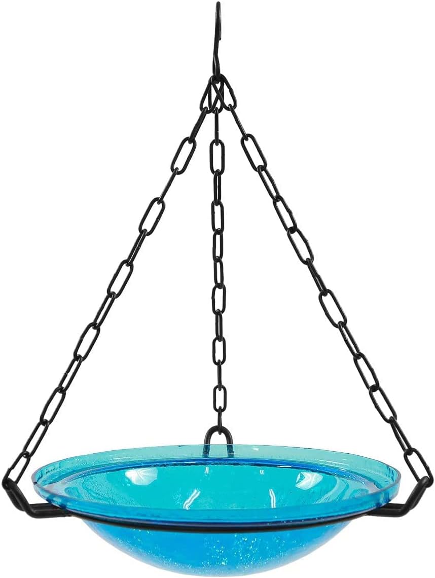Achla Designs 12" Teal Crackle Glass Hanging Birdbath, Turquoise Outdoor Garden Bird Bath
