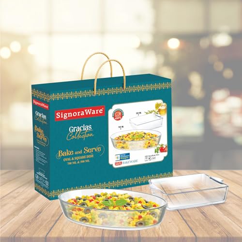 Image of Signoraware Bake 'N' Serve Borosilicate Glass Dish Set| Microwave Safe| Baking & Serving| Crack Resistant| Reheating Food| Ideal Gifting Set (700ml + 500ml| Set of 2| Clear)