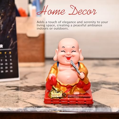 Image of ZAICUS Solar-Powered Buddha Monk Figurine - Feng Shui Decor for Wealth, Prosperity, and Good Luck with Moving Head & Hand (Red)