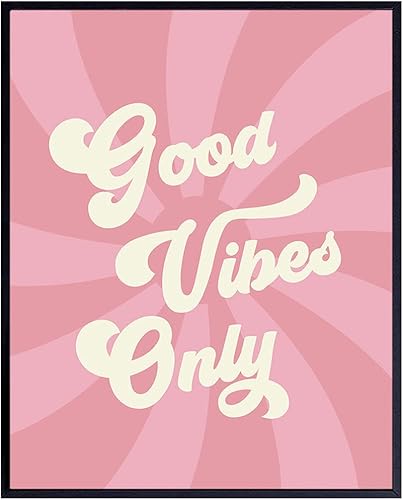 Yellowbird Art & Design Good Vibes Only Wall Art - Good Vibes Sign - Hippie Trippy Home Decor - Pink 60's Retro style Wall Art Poster - Happy Quotes