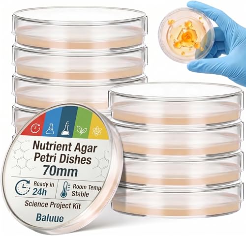 Baluue 10Pcs Nutrient Agar Petri Dishes Science Project Kit, 70mm Pre-Poured Agar Plates, Sterile Vacuum Sealed Laboratory Experiment Prepoured Supplies for Students & Teachers
