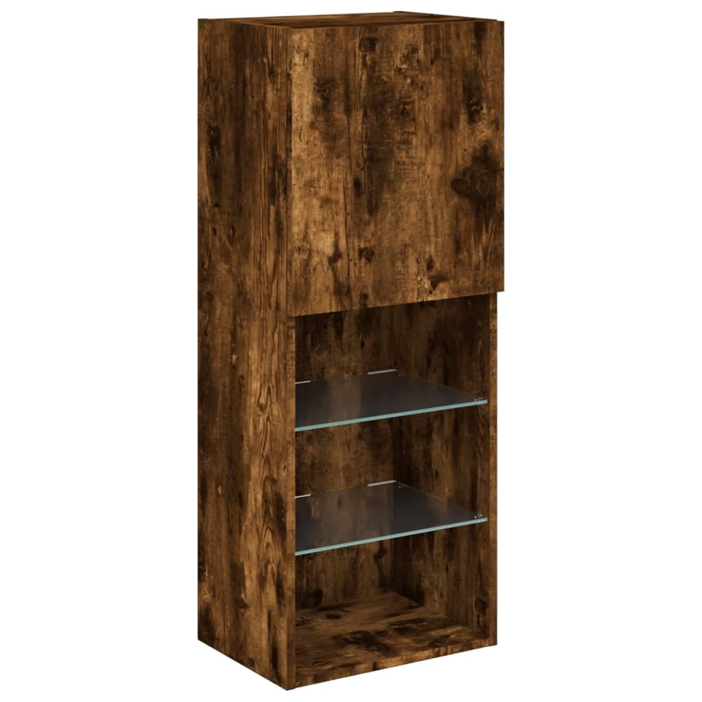 Juego de 6 muebles de pared para TV, madera de roble ahumado, con iluminación LED RGB, montaje en pared, ofrece un amplio espacio de almacenamiento para libros y medios, versátil como pared de