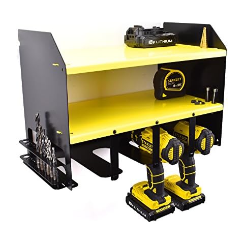 Yellow and Black Dewalt Drill Driver Battery Tool - Wall Mountable Shelving Storage Unit and Charging Station for 4 Power Tools - Tidy Shelf Cabinet for Workshop Organiser (43x30.5x23 cm) Cover