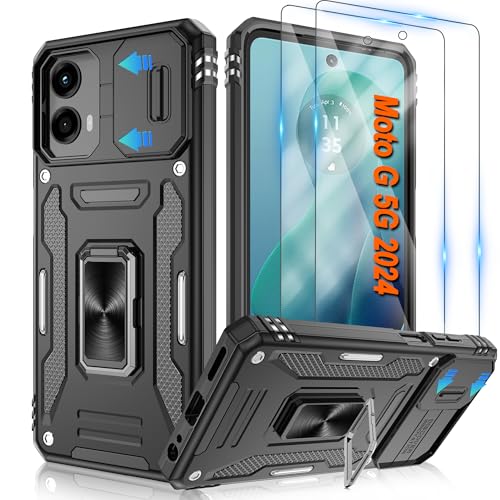for Motorola Moto G-5G-2024 Case, Moto G Play 5G 2024 with [2 Pack] HD Screen Protector & Slide Camera Cover, Magnetic Ring Holder Kickstand [Military Grade] Shockproof Case, Black