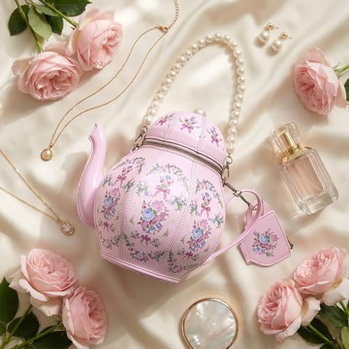 Women PU Leather Floral Handbag Crossbody Shoulder Bag Pearl Chain Valentine Purse for Girls with teapot Ornament Pink - image 3