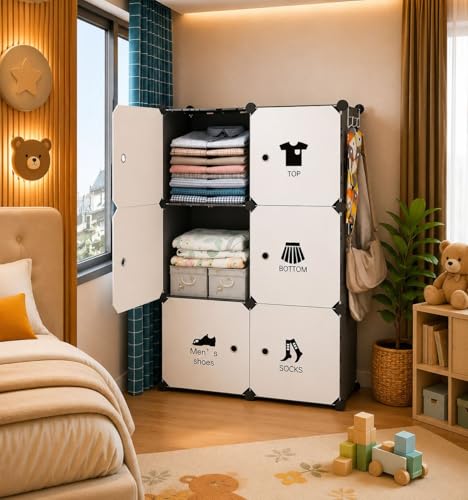 Image of Plastic Wardrobe for Kids Clothes - 6 Door Foldable Cupboard for Bedroom, Baby Clothes Storage Almirah with Doors, Collapsible Wardrobe Kids for Home (HT1 Pink)