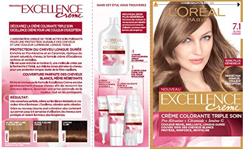 L'Oréal Paris - Excellence Crème -Kit de Coloration Permanente Triple Soin de Cheveux - 100% Couverture Cheveux Blancs - Nuance 7,1 Blond Cendré (Lot de 2)