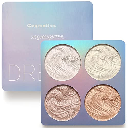 Reddhoon Highlighter Powder Palette, Shimmer Highlighters Makeup, 4 Colors Bronzer Highlighter Powder Palette, Waterproof Long Lasting Highlighter Baked Makeup Face Powder