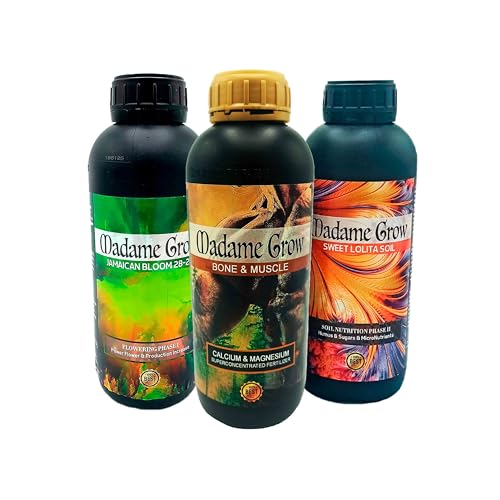 Madame Grow – Kit Dallas – Fertilizantes Orgánicos – Refuerza la Nutrición, Estimula la Floración y Favorece el Metabolismo – Sweet Lolita, Bone & Muscle y Jamaican Bloom – 3 x 1 L c/u