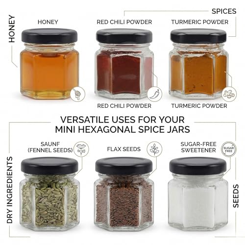 Image of Cute Hexagonal 50 grams Airtight Glass Jar Containers for Honey, Spices & other Kitchen Items with Rust Proof Black Color Caps -Set of 06