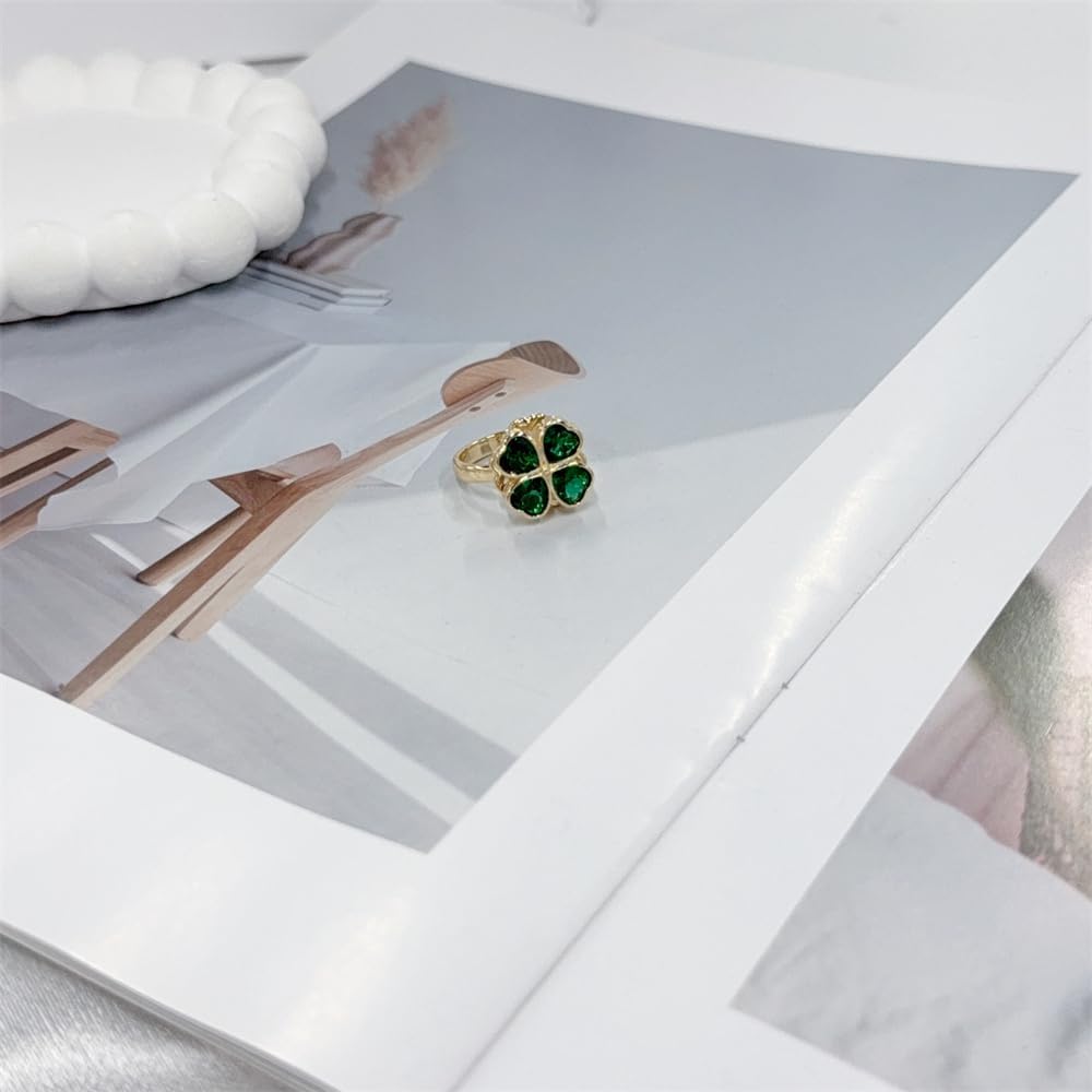 Four Leaf Clover Ring for Women Gold-Tone Plated Rotating Fidget Spinner Anxiety Rings Cubic Zirconia Open Adjustable Eternity Promise Wedding Band Stress Relief St Patricks Day Good Luck Jewelry