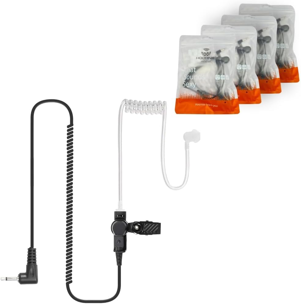 Hoornie® Earphones (Pack of 4) Sound Tube with 3.5 mm Jack, Transparent with Retaining Clip and 10x Free Earplugs