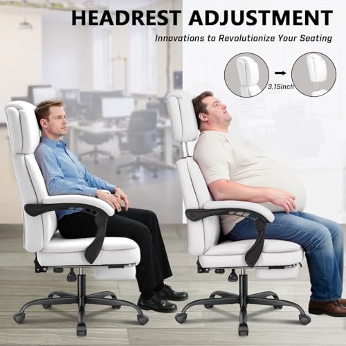 Image of 400lbs Office Chair with Foot Rest, Ergonomic Big and Tall Office Chair with Adjustable Headrest, High Back PU Leather Computer Chair,Comfy Heavy Duty Office Desk Chair (Classic White)