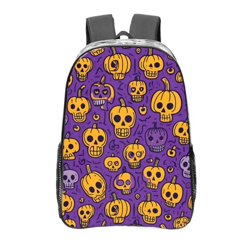 pumpkin Skeleton Bone Print Work Travel Stadium Events Transparent Backpack PVC Clear Bag Large Side Pockets