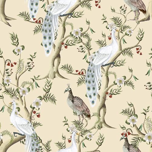 VEELIKE Papel Pintado Pavos Reales Beige Chinoiserie Papel Pintado Flores y Pajaros Beige Vinilo Adhesivo Pared Floral Vintage Fotomural Decorativo Pared Dormitorio Salón Muebles 44,5 cm x 300 cm