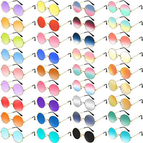 Kingdder 36 Pcs Hippie Round Sunglasses 70s Retro Classic Disco Circle Sunglasses Bulk Tinted Lens Glasses for Party Women Men (Multicolor)