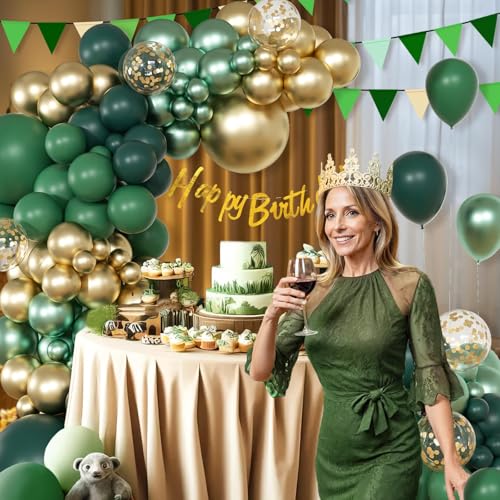 Image of Green Balloon Garland Arch Kit with Dark Emerald Green Gold Balloons