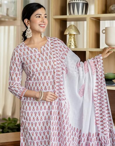 Image of SIRIL Women's Cotton Printed A-Line Kurta with Pant & Dupatta