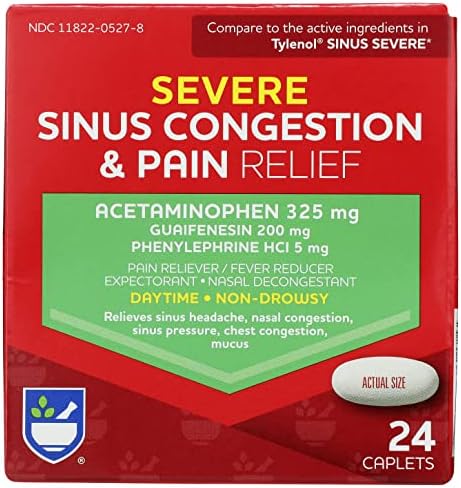 Rite Aid Daytime Severe Sinus Congestion & Pain Relief - Acetaminophen, 325 mg - 24 Caplets | Multi-Symptom Non-Drowsy | Relief | Cold and Flu | Cold & Sinus Medicine for Adults