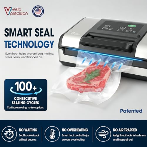Image of Vesta Precision 12 inch Vacuum Sealer Machine for Liquid & Moist Foods, Smart Heat Sealing Prevents Bag Melting, Built-in Cutter & Roll Storage Fits 2X20' or 1X50' Rolls, Mason Jar Kit, Sous Vide, V23