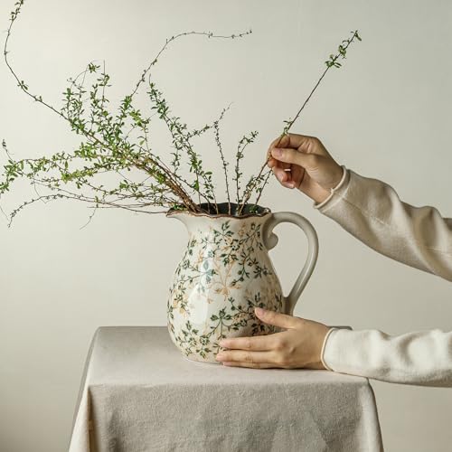 Image of Ceramic Flower Vase | Green Rustic Farmhouse Pitcher Vase for Home Decor, Vintage Floral Tuscan Decorative Vase for Living Room & Kitchen, Mantel & Bookshelf, Centerpieces, Entryway, Wedding(8 Inch)