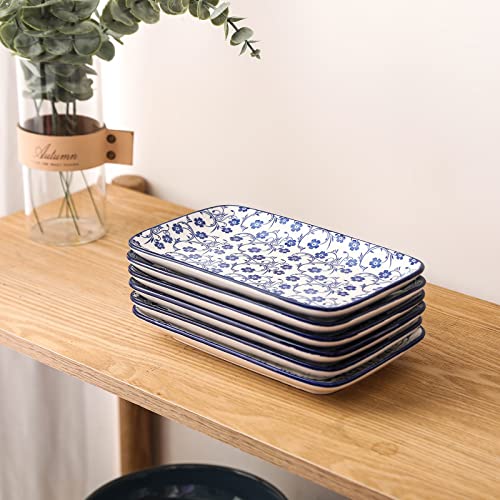 Selamica Keramik 9,5 Zoll große rechteckige Salatteller, Speiseteller, Pasta-Dessertteller, Servierplatten und Tabletts für Vorspeise, Sushi, Obst, 6er-Set, Vintage-Blau