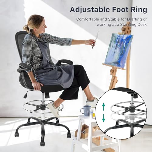 Image of HYLONE Drafting Chair Tall Office Chair High-Back Mesh Standing Desk Stool with Adjustable Footrest Ring and Flip-Up Arms Black