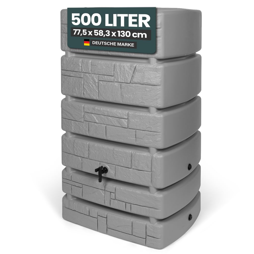 Kreher XXL Wassertonne Tower Stone mit Wasserhahn. Tolle Stein Optik in Anthrazit/Grau, 500 Liter Nutzungsvolumen. Maße (BxTxH): 77,5 x 58,3 x 130 cm (Grau)