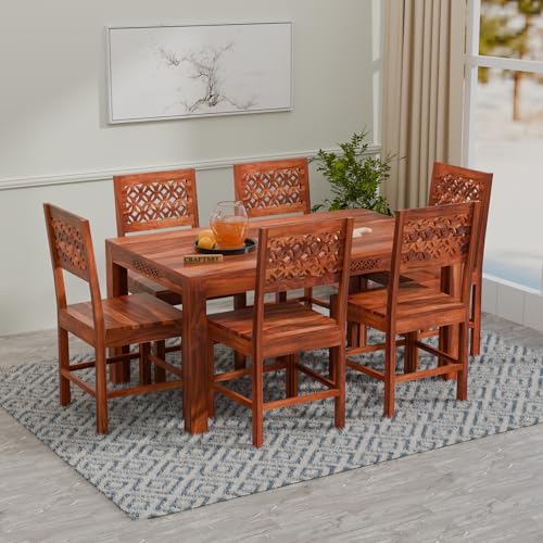 Image of 57 Inch Length Solid Sheesham Wood 6 Seater Dining Table Set | Six Seater Dinner Table with 6 Chairs | Dinning Table Set 6 Seater for Living Room | Wooden Table & Chair Set | Honey Finish