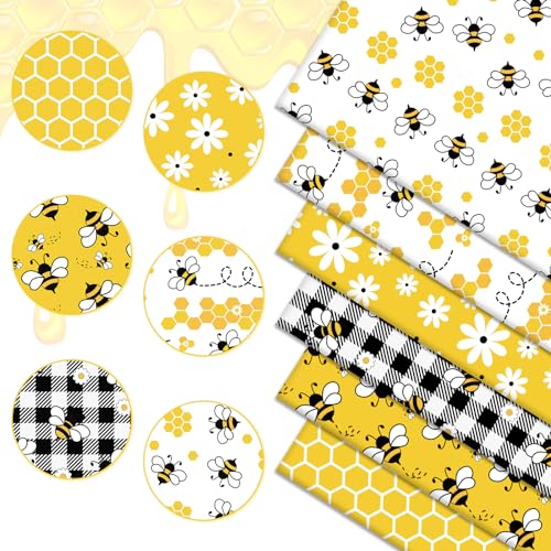 Whaline 6 Pcs Summer Bee Cotton Fabric Bundles Bee Daisy Honeycomb Plaid Fat Quarters Yellow Quilting Patchwork for DIY Sewing Craft Decor, 18 x 22 Inch by Whaline - Used condition - Image 3