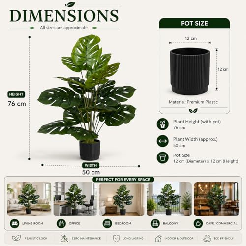 Image of Cocco.BUA Artificial Plant with Black Pot, 18 Leaves, 76 CM (2.5 Feet) (Monstera Plant)