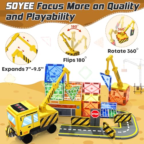 Soyee Magnetic Tiles Magnetic Construction Toys with 2 Cranes Boys Toys for Ages 3-5 5-7 Magnet Building Blocks Chritmas Gifts Boys Sensory Autism Montessori Toys Gift for 3+ Year Old - Image 2