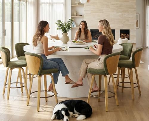 Image of HNY Swivel Counter Height Bar Stools Set of 6, 26 Inch Barstools with Wooden Leg and Back, Modern Chenille Upholstered Counter Stools for Kitchen Island, Green