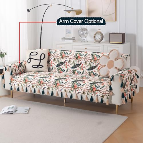 Image of HOKIPO Printed Holland Velvet Sofa Cover with Tassels for 3 Seater Sofa | Full Protection for Sofa Seat and Back | 'Whispers of Nature' (160x175 cm), Multicolor Tropical Peacock (IN-1127-D1)