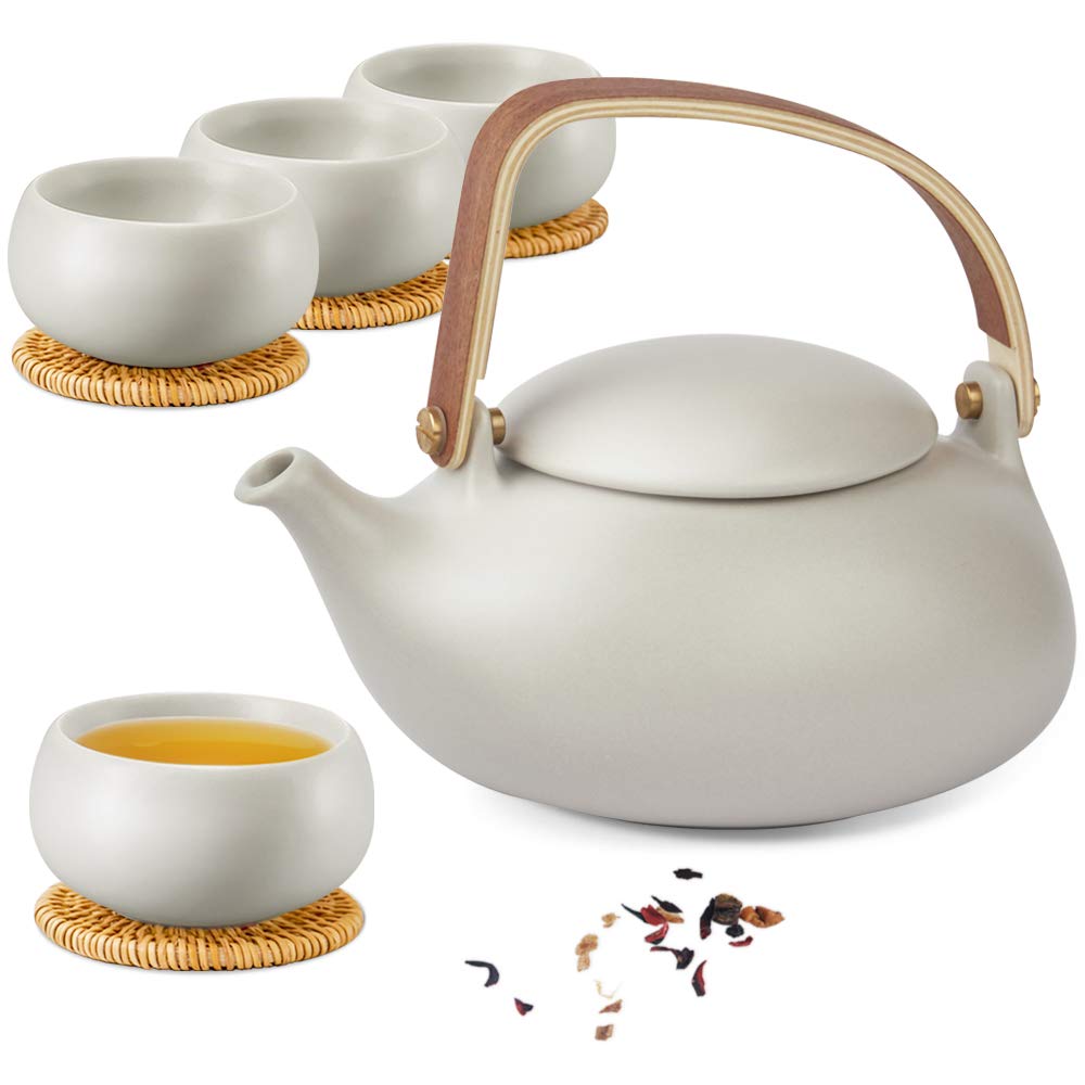 ZENS Vintage Japanese Tea Set, 27oz Ceramic Japanese Hot Tea Brewing Pot with Infuser for Loose Leaf Tea Steeper, Matte Gray Teapot with 4 Tea Cup and Bentwood Handle for Women Tea Lover Gifts
