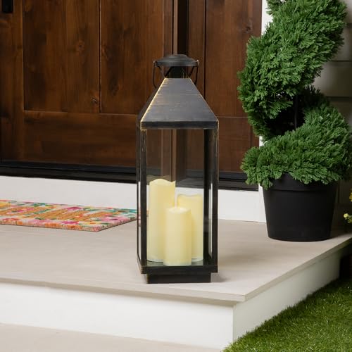 Image of Lantern with Flameless LED Candles - 24 inch - Gold and Brushed Black