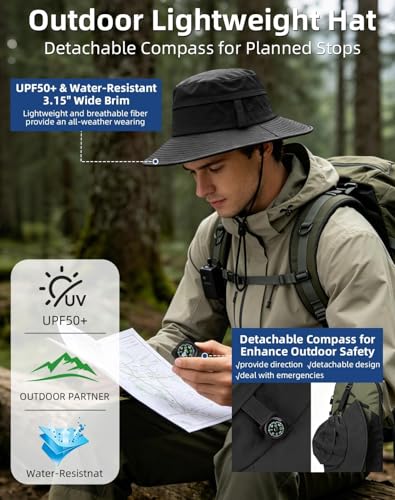 ZOORON Sun Hat for Men Women Detachable Compass, Boonie Hats UPF 50+ Fishing Hat, Lightweight Foldable Bucket Hats for Hiking, Camping, Fishing Black - image 3
