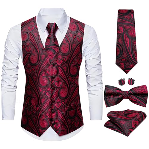 Image of Barry.Wang Men's Suit Vest Tie Bowtie Set Formal Silk Paisley Waistcoat Hanky Cufflinks Lapel Pin Set Wedding Party 7PCS