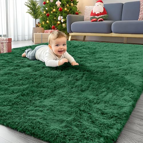 OLANLY Area Rugs for Living Room Bedroom, Machine Washable 4x5.9 ft Soft Fluffy Shaggy Bedside Rug, Indoor Floor Carpet for Kids Girls and Boys, Dorms, Nursery Rooms, Home Decor Aesthetic, Dark Green