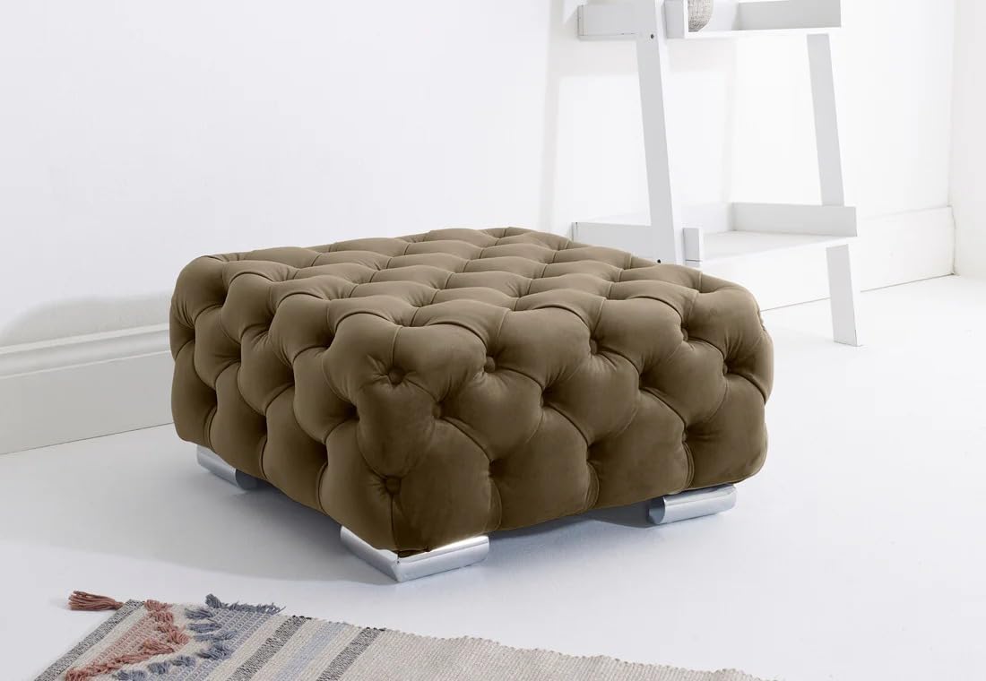Sofahub Milano Mink Plush Velvet Sofa Set – Diamond Button Tufted Couch with Extra Cushions, Chrome Feet & Foam Seats | 2 Seater, 3 Seater, 3+2, Armchair, Corner & Footstool Options (Mink, Foot Stool)
