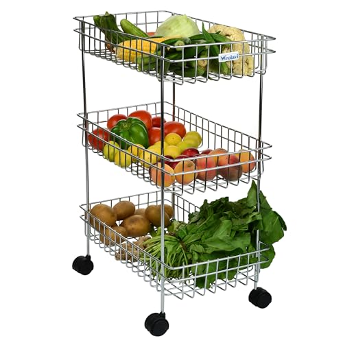 Image of Stainless Steel 3-Tier Kitchen Trolley with Wheels | Multipurpose Storage Rack Organiser | Vegetable Stand for Kitchen | Onion, Potato & Fruit Basket Cart