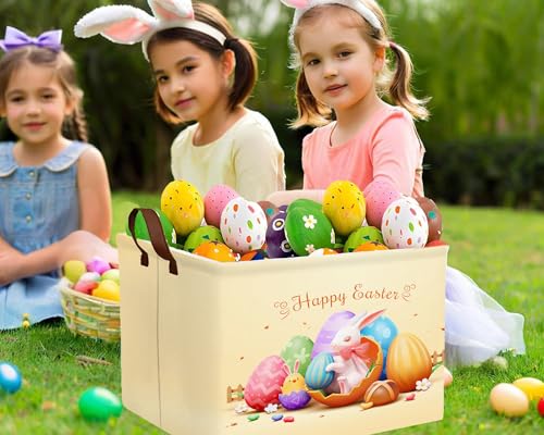 Image of Large Rectangular Easter Baskets Empty Waterproof Boy Toy Box Foldable Kid's Gifts Storage Bin Spring Room Decor(Shell Breaking Rabbit Chicken)