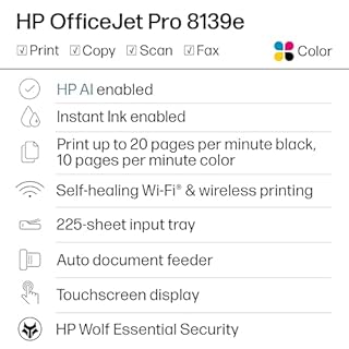 HP OfficeJet Pro 8139e Wireless All-in-One Color Inkjet Printer, Print, scan, copy, fax, ADF, Duplex printing Best-for-home office, 1 year Instant Ink trial included, AI-enabled (40Q51A)