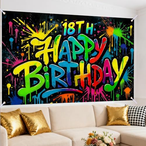 Image of Nuxovilar 18th Birthday Banner Polyester Graffiti Backdrop Decor 71 inchx43