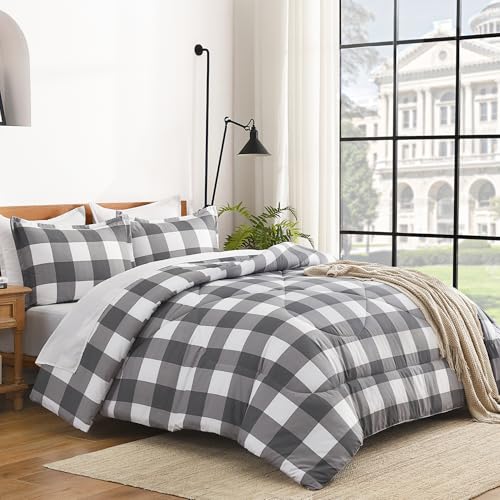 Image of Andency Plaid Comforter Full(79x90Inch), Gray White Checkered Gingham Buffalo Bed Set for Boys Teens, Lightweight Bedding, 3 Pieces(1 Comforter & 2 Pillowcases)