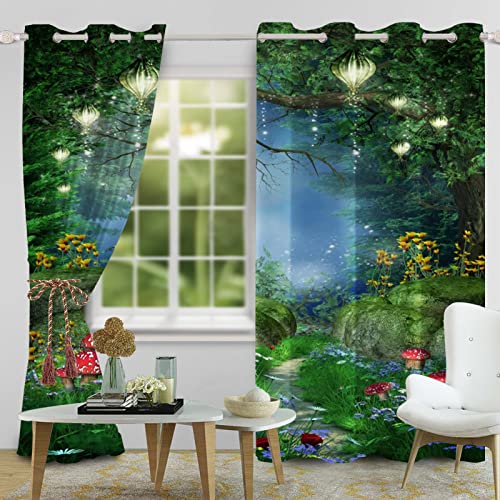 SDOTPMT 117x138cm Magic Forest Window Curtains Fairytale Mushroom Lantern Green Grass Window Drapes Flower Jungle Natural Window Treatment for Kids Living Room Bedroom Blackout Curtain - Image 2