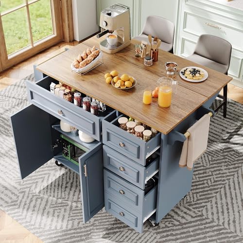 HYUB Isla de cocina independiente con ruedas, Kitchen Island con 4 cajones y encimera, carrito de servicio multifuncional con gran espacio de almacenamiento y toallero, para salón, cocina, color azul