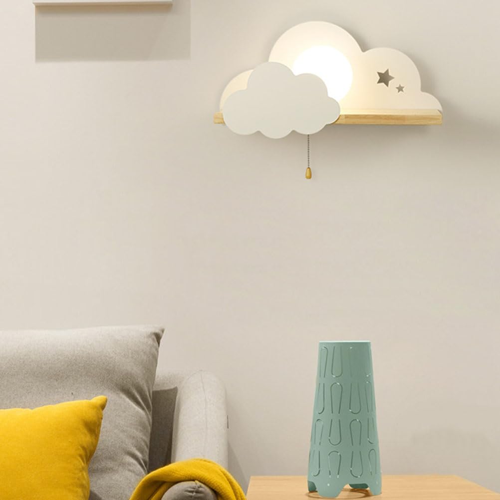 AoLa E27 Wandleuchte mit Schalter Wandlampe Innen Wolkenform mit Holzen Regal Kinder Wandbeleuchtung Weiß Modern Junge Mädchen Nachttischlampe für Babyzimmer Schlafzimmer Wohnzimmer