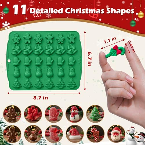 Image of HKNMTT Christmas Silicone molds for Xmas Candy Chocolate Wax Decor, 60 Cavity 11 Shapes Gummy Mould, Including Tree Santa Cane Hat Socks Elk Gingerbread Man Bell Glove Snowman Food Grade DIY Set